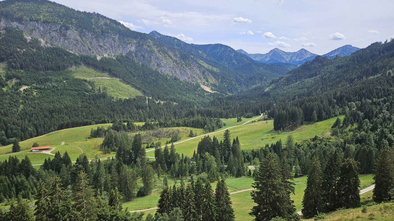E-Bike Touren rund um Oberjoch Grünes Tal mit Wäldern und Bergen unter bewölktem Himmel
